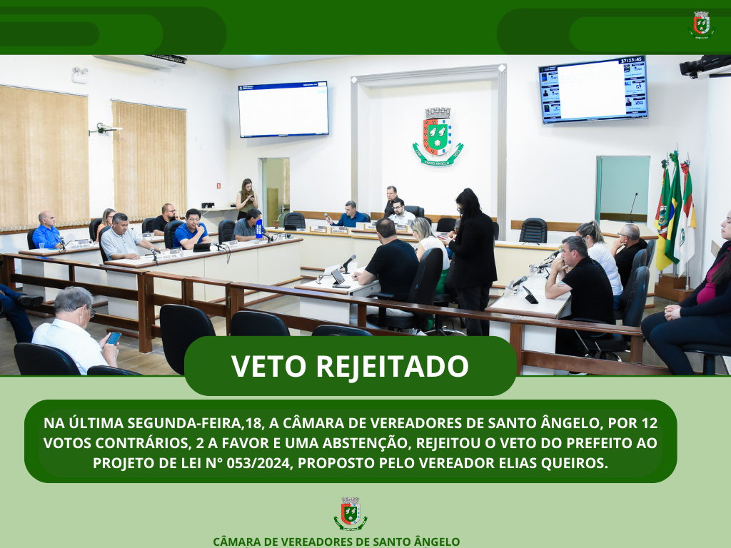  Câmara rejeita o veto do Prefeito ao Projeto de Lei nº 053/2024  proposto pelo Vereador Elias Queiros