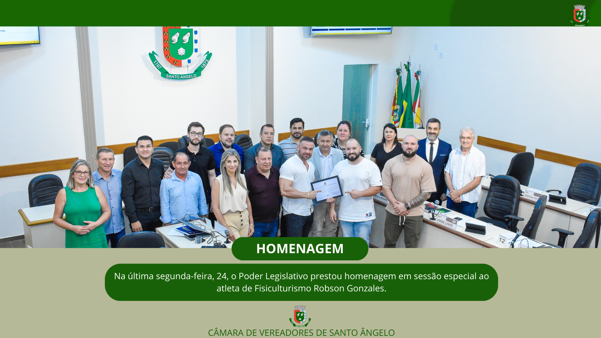 Legislativo homenageia fisiculturista Robson Gonzales atleta Santo-angelense campeão pelo título Overall do Ronnie Coleman Muscle Show