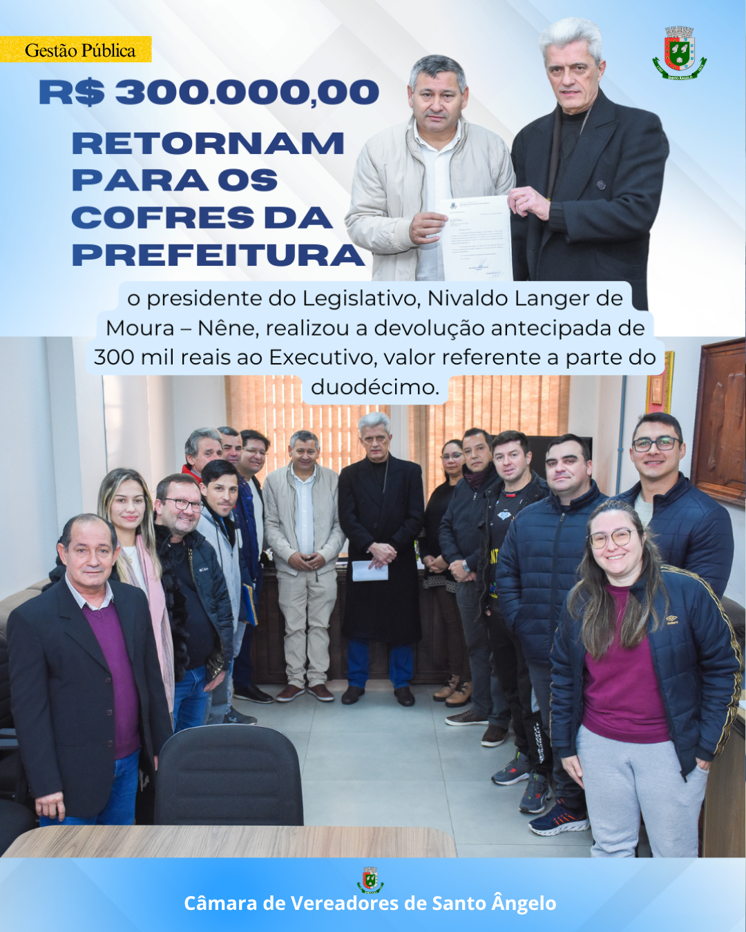 Legislativo antecipa 300 mil reais ao Executivo valor referente a parte do duodécimo