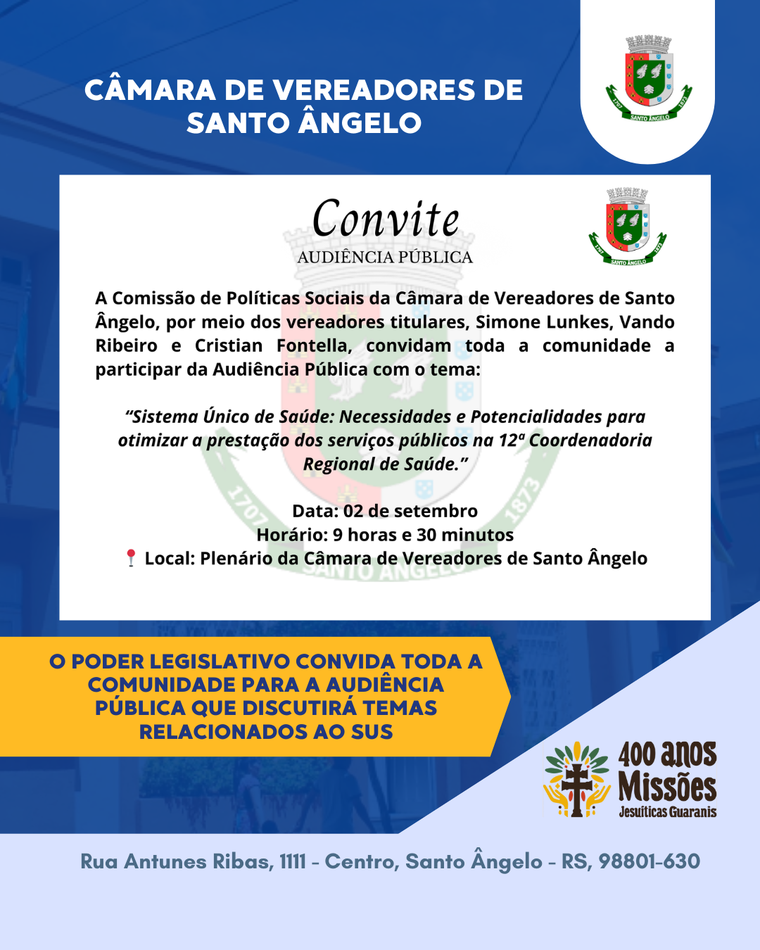 O Poder Legislativo convida toda a comunidade para a audiência pública que discutirá temas relacionados ao SUS