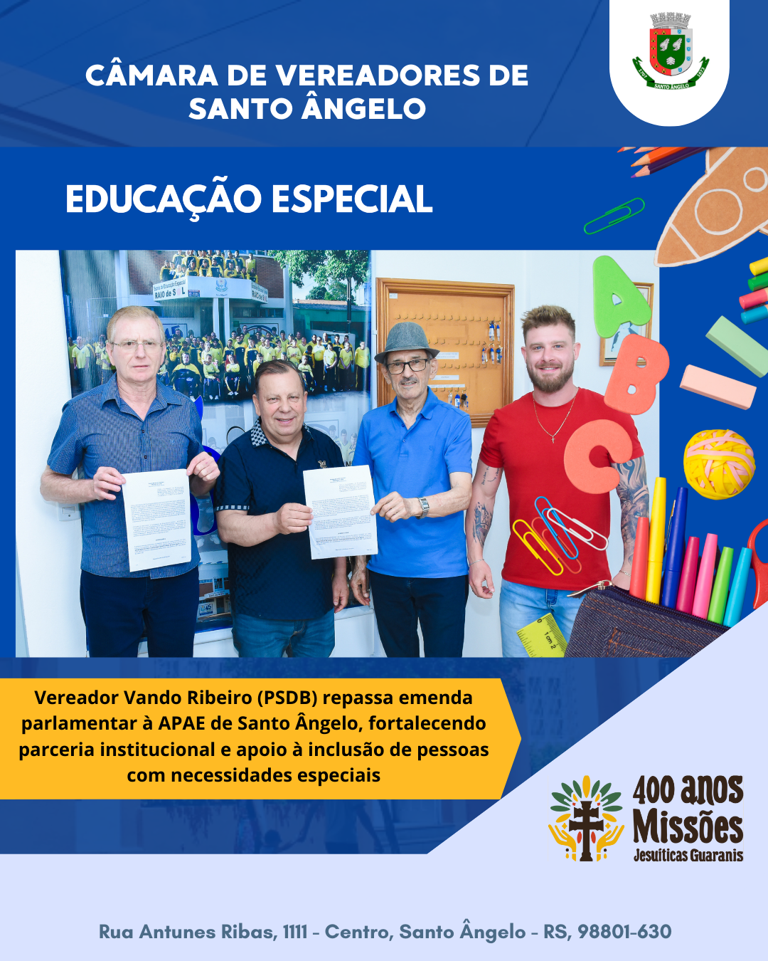 Vereador Vando Ribeiro (PSDB) repassa emenda parlamentar à APAE fortalecendo inclusão e parceria institucional em Santo Ângelo