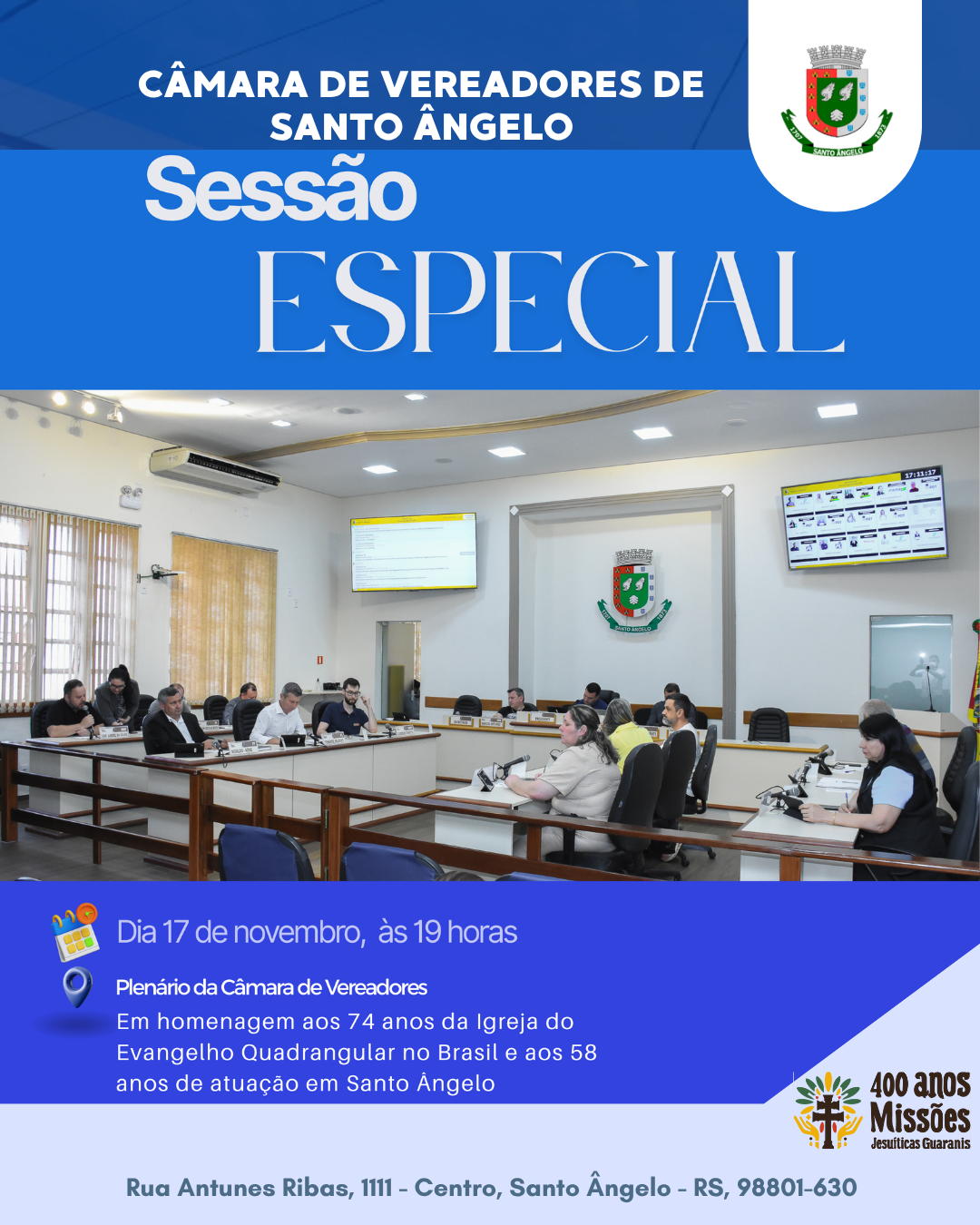 Câmara de Vereadores homenageia 74 anos da Igreja do Evangelho Quadrangular no Brasil e 58 em Santo Ângelo
