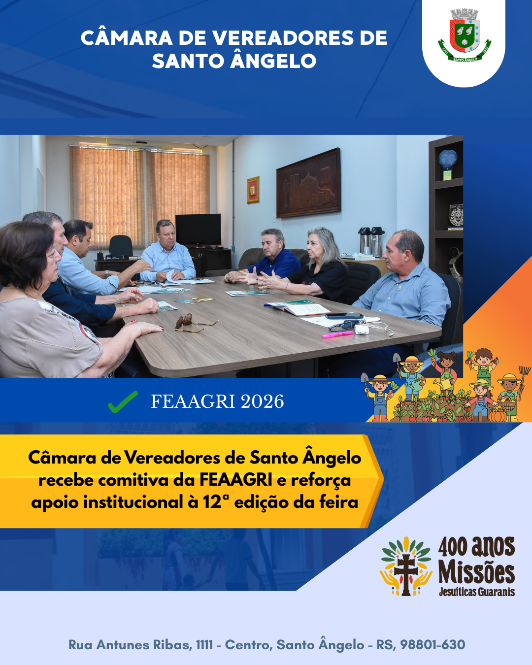 Câmara de Vereadores de Santo Ângelo recebe comitiva da FEAAGRI e reforça apoio institucional para fortalecer agricultura familiar