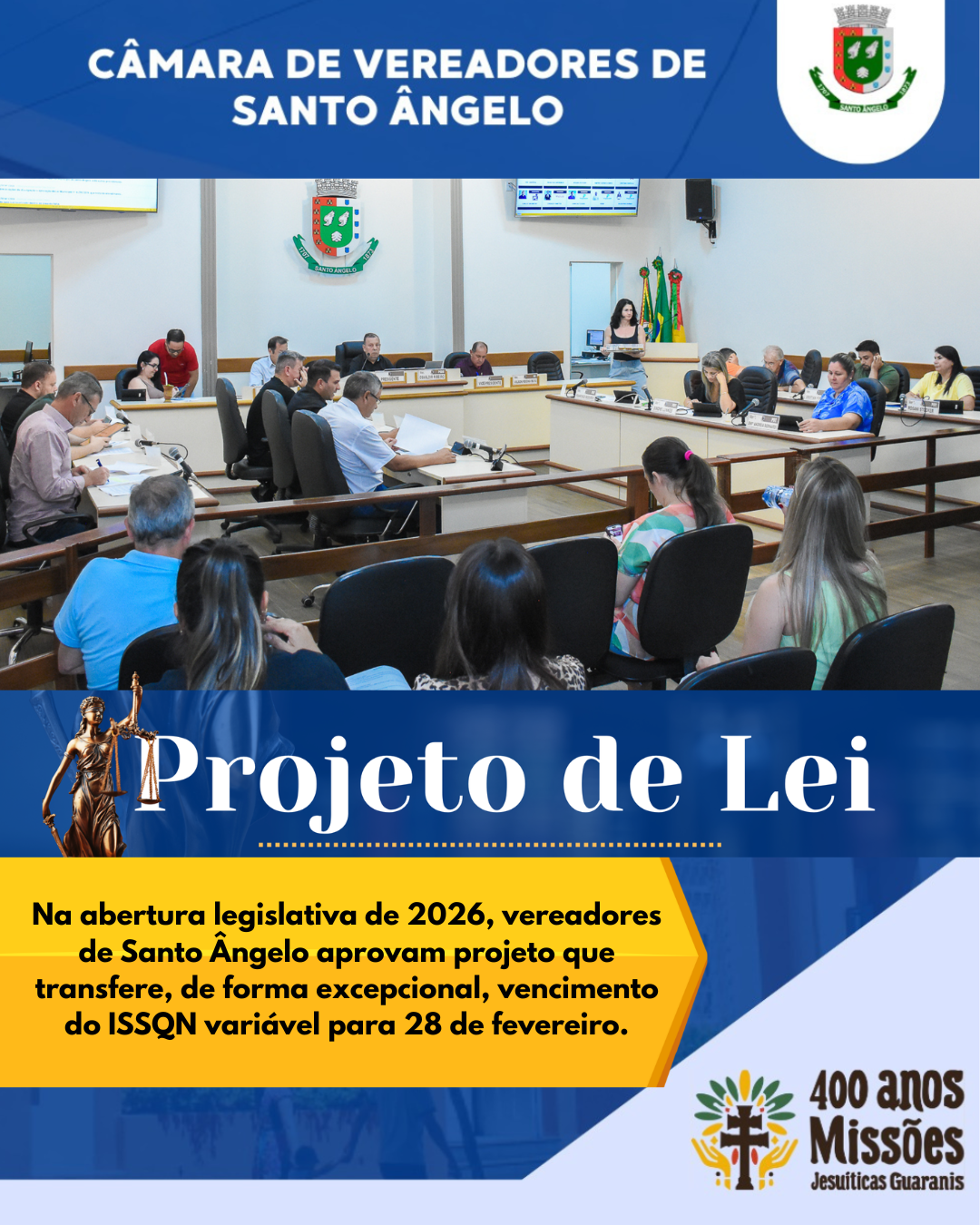 Câmara de Santo Ângelo inicia 2026 aprovando prorrogação excepcional do prazo do ISSQN